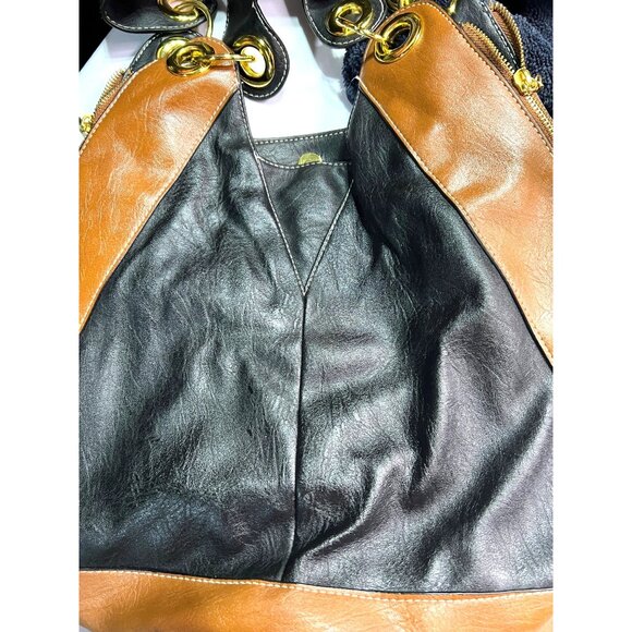 Black & Brown Faux Leather Handbag Hobo Gold Toned Zip Pockets  Shoulder Straps - Picture 2 of 3